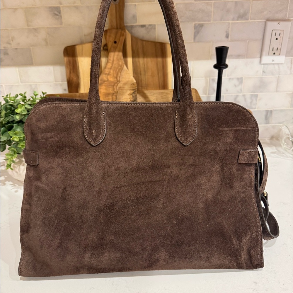 Brown Italian Suede Handbag with Gold Accents - Picture 2 of 4